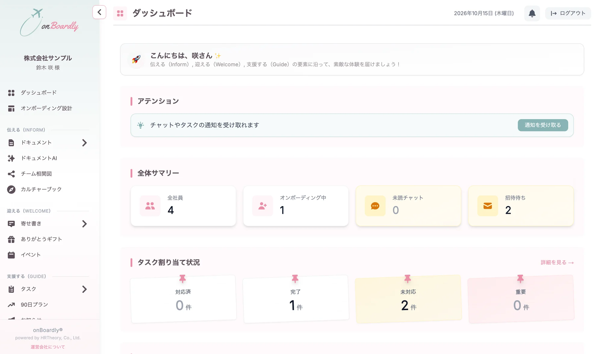 onBoardly 管理画面のダッシュボード